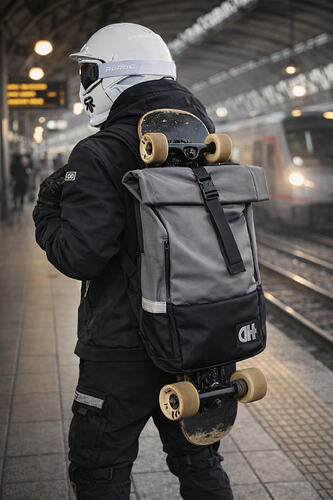 Skateboarding commuter at the train station